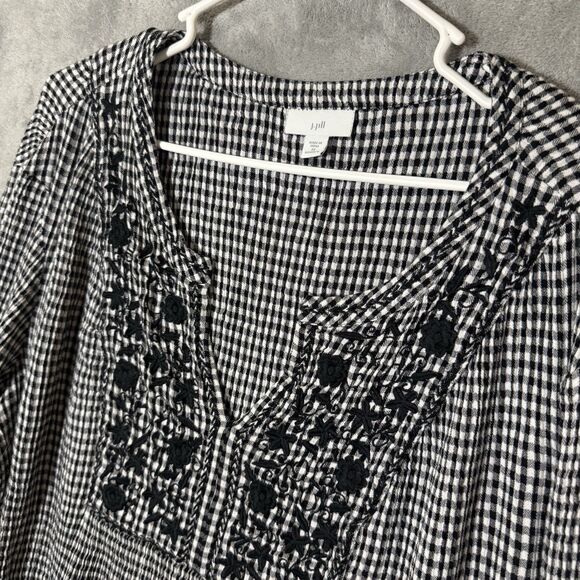 J Jill Top 2X Black White Checks V Neck 3/4 Sleeves Plus Tunic Cottagecore - Picture 4 of 9